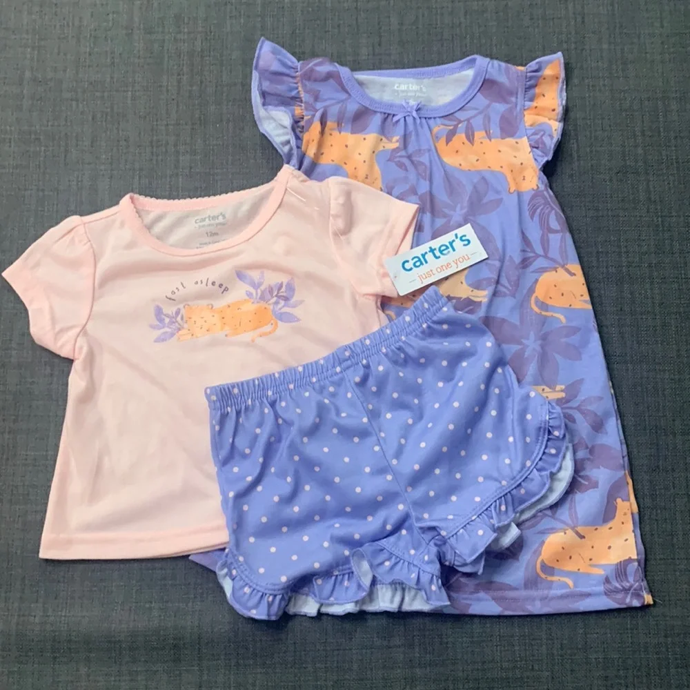 Carters NEW 3 Piece Shirt Shorts Dress Pink Purple 12 Mths Graphic “Fast Asleep”